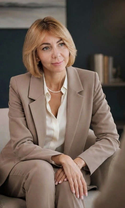 Елена Наумова в кресле, в светлом костюме